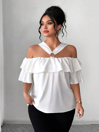 Elenzga 大码优雅露肩金属装饰荷叶边露肩上衣