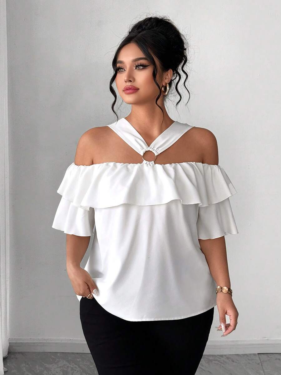 Elenzga 大码优雅露肩金属装饰荷叶边露肩上衣 - 米色 - 查看 1