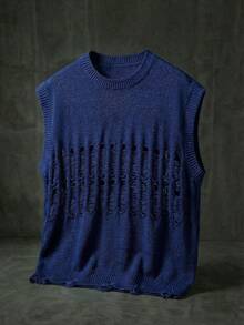AXEPEAK Men's Solid Color Crew Neck Sleeveless Hollow-Out Knit Top - Blue - View 9