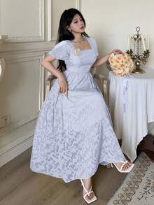 Modelyn Cut-Out Waist Flared Dress With 3D Floral Decor For Women - Baby Blue - View 4