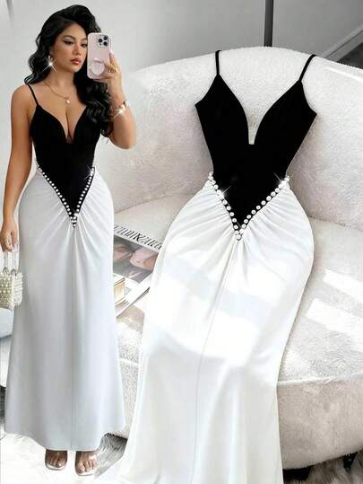 Rafferiza Vestido de sirena elegante y ajustado con cuello en V profundo, decoración de perlas y contraste en blanco y negro, adecuado para uso diario, boda, gala, viajes, fiesta de graduación, vacaciones, citas, fiestas, Halloween, Navidad, Año Nuevo, Acción de Gracias