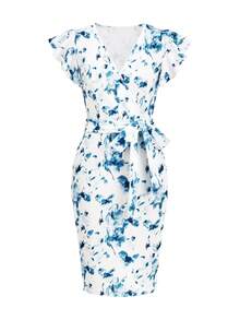 Ellevyn 蓝白碎花V领荷叶袖修身连衣裙，适合工作和约会，夏季浪漫优雅弹力针织印花修身长裙，蓝色连衣裙，婚礼礼服套装，女士蓝色连衣裙，女士碎花连衣裙，伴娘礼服，度假套装，女士夏季连衣裙，女士夏季套装，新款女士连衣裙，休闲裹身裙，婚礼宾客裹身裙，女士碎花连衣裙，荷叶袖连衣裙，蓝色碎花裹身裙 - 藍白色 - 查看 6