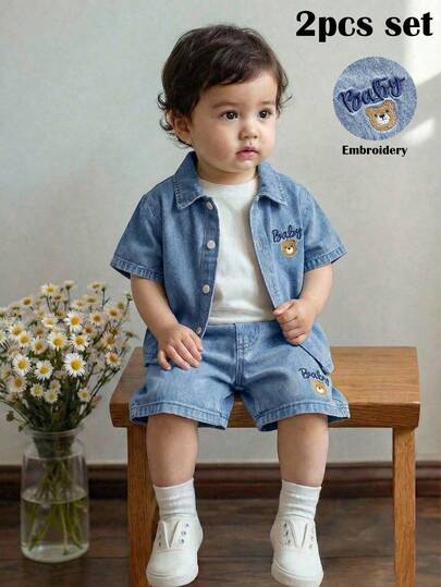 LMoss Kids 2件套男婴小熊刺绣图案蓝色牛仔短袖衬衫和短裤套装
