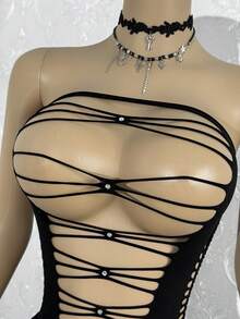 SHEIN Jeanoir Women's Sexy Striped Hollow Out Rhinestone Jumpsuit - Black - View 4