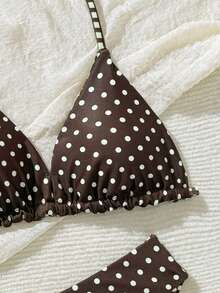 Brown Base Yellow Polka Dot & Plaid Reversible Tween Girls Swimsuit Set, Suitable For Summer Vacation, Swimming Pool, Beach Party - Multicolor - View 5