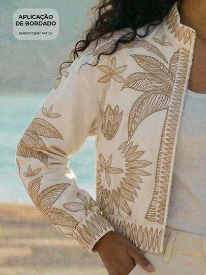 CAJUNI Chaqueta con cremallera y puño elástico con patrón bordado de tucán y árbol de coco