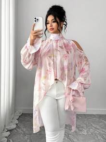 Elenzga 大码女士优雅雪纺长袖刺绣数码印花半透明宽松灯笼袖上衣花卉印花上衣 Fairycore 女士上衣和衬衫 女士服装 - 粉色 - 查看 5