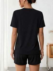Shorts And T-Shirt With Round Neck, Print - 黑色 - 查看 2