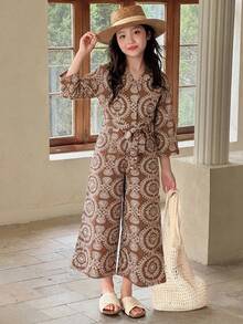 DAZY Tween Girls' V-Neck Tie Front Casual Everyday Jumpsuit - Brown - View 6