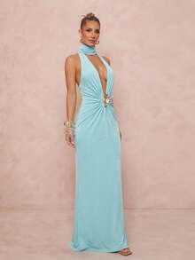 Lumalex 女士优雅性感立领金属扣装饰无袖修身喇叭连衣裙，春夏款 - 藍色 - 查看 6