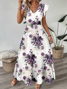 EMERY ROSE Đầm casual đi nghỉ mát cho nữ, cổ chữ V, tay ngắn và gấu đầm có bèo nhún, in họa tiết. - Nhiều màu - Xem 7