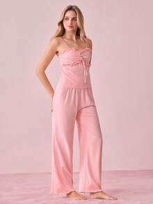 Lowkey Lull Coquette 吊带连体裤，荷叶边下摆，柔软弹力牛奶丝面料，休闲Y2K风格女士家居服套装 - 粉色 - 查看 6