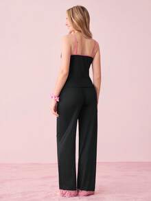 女士蕾丝拼布吊带上衣和长裤睡衣套装 - 黑色 - 查看 2