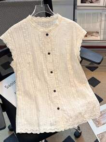 GlowEve CURVE Áo sơ mi không tay dáng rộng màu trơn viền vỏ sò cài cúc phía trước, áo kiểu thanh lịch bằng vải lanh cho nữ, áo len không tay, áo khoác cardigan không tay, áo dệt kim, áo sơ mi màu kem, áo kiểu Pháp, áo sơ mi nữ mùa hè, áo len, áo thun len cho nữ, áo sơ mi kiểu Trung Quốc. - Màu be - Xem 1