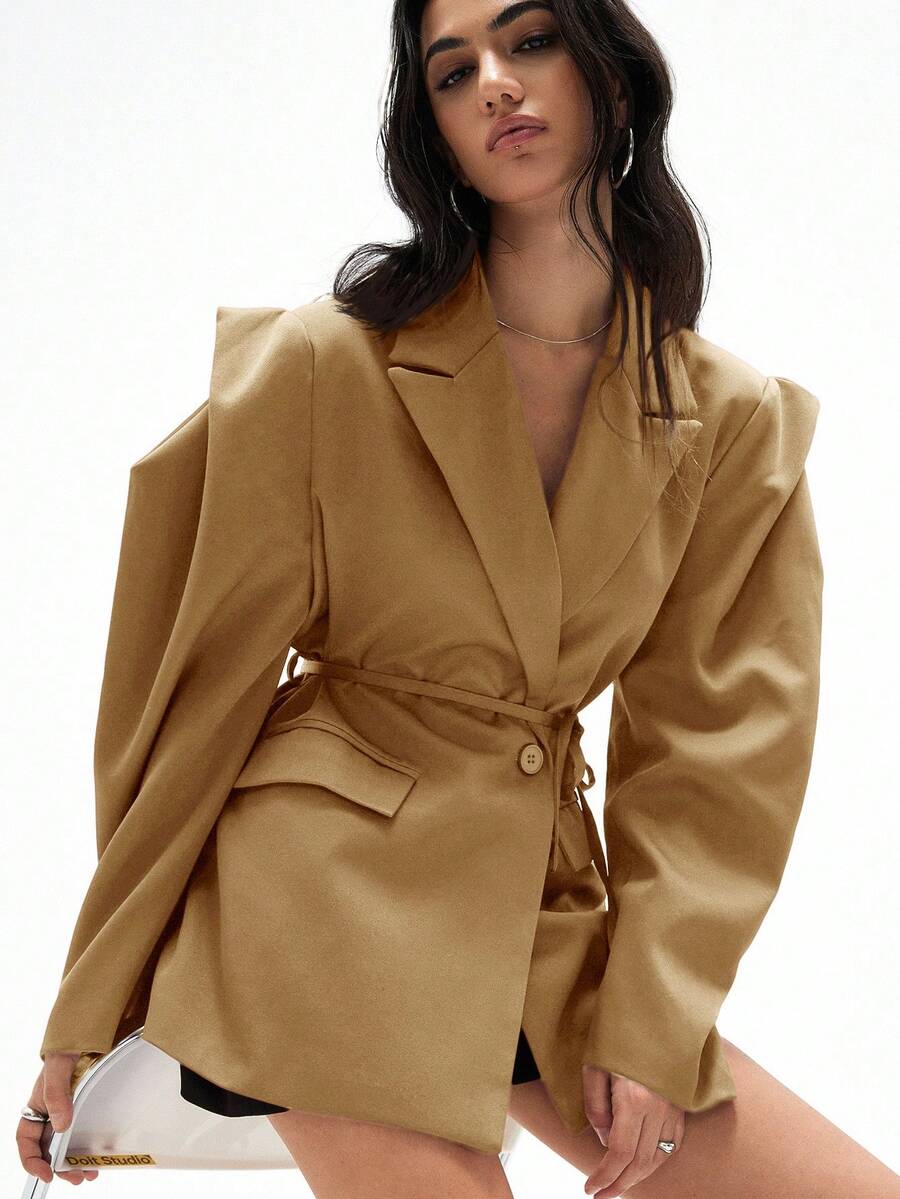 Loose Fit Casual Commuting Versatile Extra Wide Shoulder Silhouette Drawstring Decor Solid Color Blazer - Camel - View 1