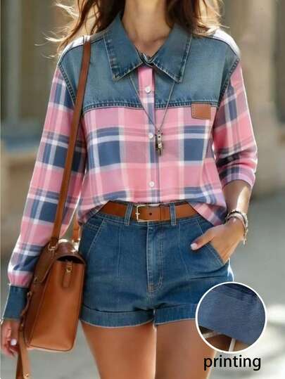 Louniche Camisa de mujer de manga larga a cuadros de parche, de uso versátil y casual para uso diario