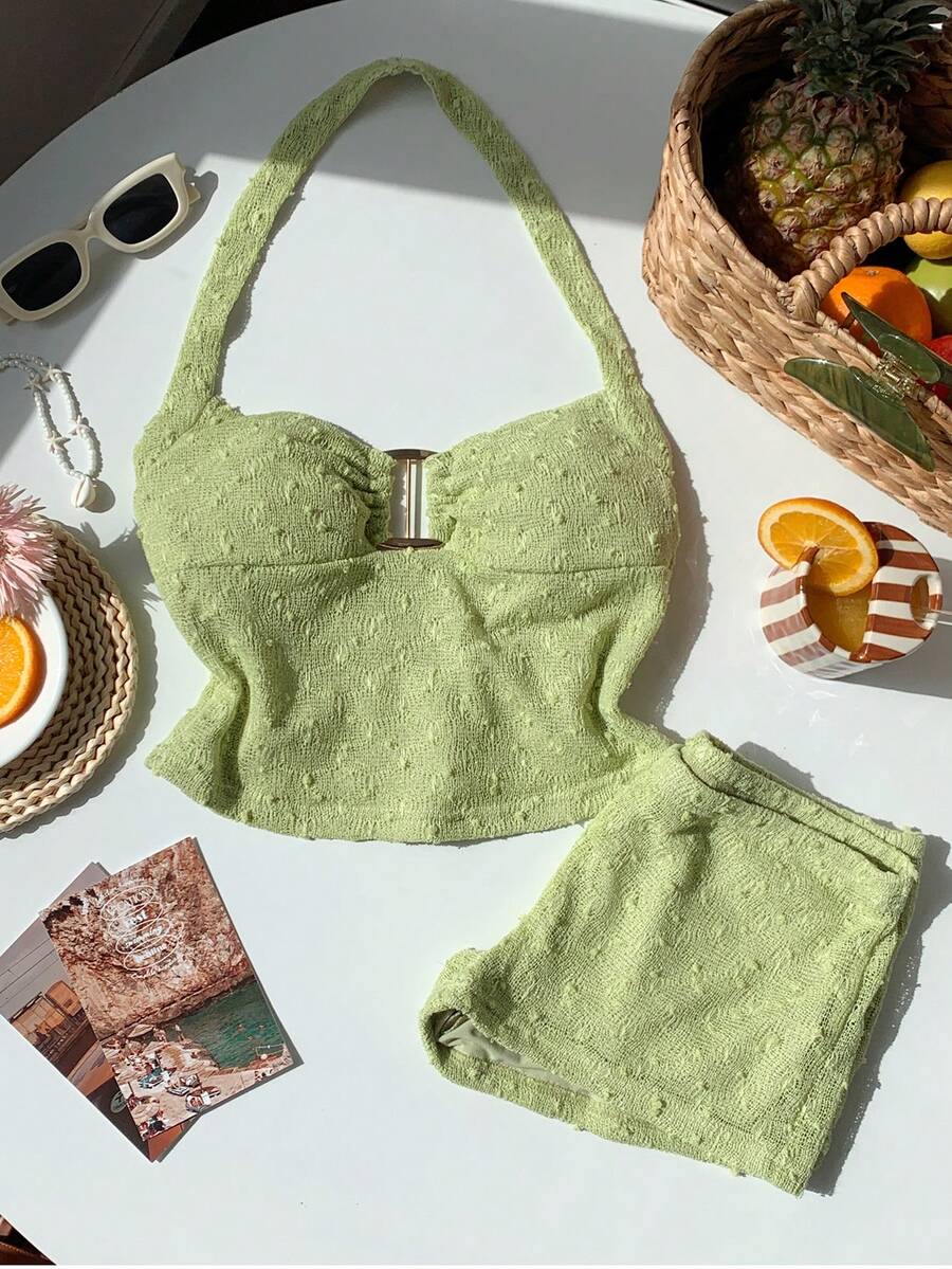 Comfortcana 女士纯色金属装饰吊带上衣和超短裤套装 - 薄荷綠 - 查看 1