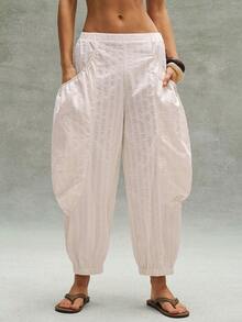 Bohemela Quần dài nữ dáng rộng, cạp chun, màu trơn, chất liệu vải dệt, thích hợp cho kỳ nghỉ xuân/hè. - trắng - Xem 6