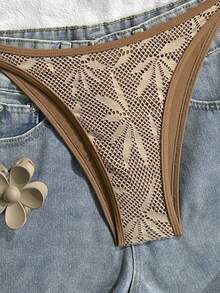 Swim Vcay 春夏针织提花无钢圈可拆卸胸垫细肩带装饰上衣和泳裤女士沙滩度假休闲泳装套装 - 棕色 - 查看 5