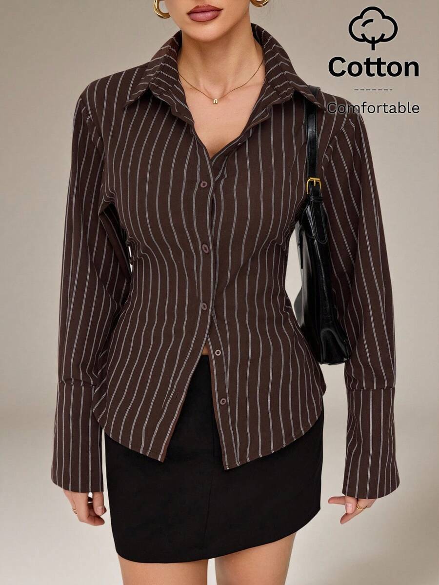 SHEIN Tall 女士优雅条纹纽扣收腰衬衫，女士办公室职业装衬衫 - 棕色 - 查看 1