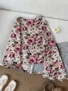 SHEIN LUNE Women's Casual Printed Drawstring Flare Sleeve Top, Suitable For Autumn/Winter - Multicolor - View 2