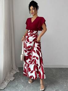 Elenzga Vestido ajustado y acampanado con volantes y mangas de capa, con estampado de hojas de color rojo burdeos, para primavera/verano - Multicolor - Ver 6