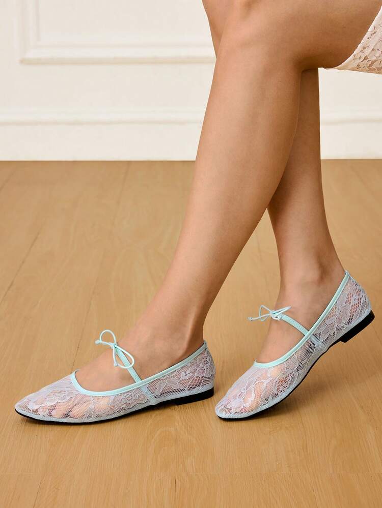 CUCCOO HITCHD 2026 Spring/Autumn New Arrival Wedding Style Mesh Mary Jane Bow Decor Solid Color Square Toe Comfortable Casual Flat Shoes For Women