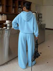 Muchica Blue Women's Autumn/Winter Thermal Lined Hoodie And Relaxed Fit Sweatpants Set - Blue - View 2