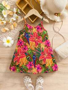 SHEIN Babygirl Vacation Casual Floral Print Loose Strap Dress - Multicolor - View 2
