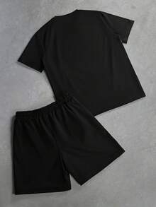 PAVTROS Bộ đồ nam tối giản in họa tiết, gồm áo thun ngắn tay cổ tròn và quần short, thích hợp cho mùa hè. - màu đen - Xem 2