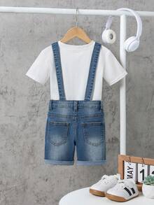 SHEIN Young BoyNavy Blue Denim Elastic Suspender Shorts - Light Wash - View 2