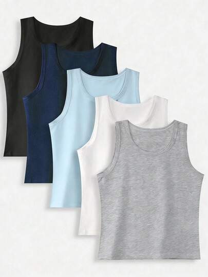 SHEIN 5pcs/Set Boys' Casual Solid Color Soft Cotton Sleeveless Vest