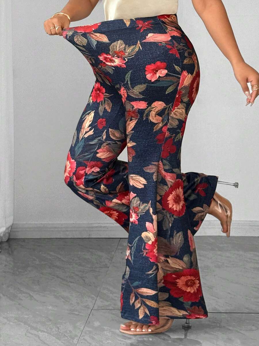 EMERY ROSE Plus Size Elegant Floral Print Flare Pants, Slimming And Leg-Lengthening, Suitable For Outings, Parties, Music Festivals - Multicolor - View 1
