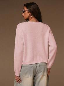 Athîral Áo khoác cardigan dệt kim dài tay đơn sắc tối giản dành cho nữ, thích hợp cho mùa Thu/Đông. - Màu Hồng baby - Xem 2
