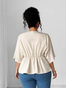 Elenzga Plus Size Women Casual Pleated Design Batwing Short Sleeve Blouse - Apricot - View 2