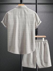 Manfinity Homme 男士夏季衬衫短裤两件套，休闲沙滩婚礼派对度假旅行装，父亲节礼物（送给丈夫、爸爸、男友），舒适百搭，尽显男士绅士风范，适合日常休闲、周末旅行、户外活动、探险旅行、轻松的工作环境或半正式场合，也是送给男友/丈夫的礼物，周年纪念/生日礼物，适合派对、夏季假期、婚礼、春夏交替、复活节等场合。男士两件套，男士衬衫短裤套装，男士两件套亚麻套装，男士夏季裤装套装，男士度假衬衫套装。 - 杏色 - 查看 2