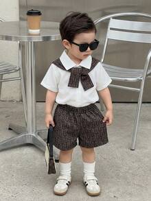 SHEIN 0-3岁男婴印花披肩、短袖衬衫和松紧腰字母印花短裤套装，适合所有季节、短途旅行、度假、外出、休闲、日常居家穿着、叠穿，适合3个月至24个月的男婴服装 - 彩色 - 查看 3