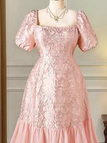 Rometta 大码优雅法式方领提花雪纺拼接长裙，适合春夏、上学、度假、毕业典礼、节日、情人节、圣诞节、音乐节、母亲节、万圣节、感恩节、复活节、国庆节、舞会、生日、约会、婚礼、郊游等场合。 - 粉色 - 查看 9