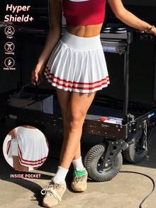 CourtClass 女士运动半身裙，白色条纹百褶裙，带短裤内衬和口袋，适合日常休闲穿着、跑步、瑜伽、健身、网球、高尔夫等运动。 - 白色 - 查看 2