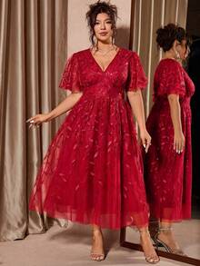 Allurite Plus Size Elegant V-Neck Mesh Sequin Ruffle Hem Party Dress, Red - Red - View 6
