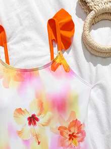 Tween Girls Floral Print One-Piece Swimsuit With Shoulder Strap & Ruffle Design, Comes With Ruffled Cover-Up Skirt, Suitable For Swimming, Vacation, Beach In Summer - Multicolor - View 5