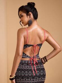 JIAN LASALA Đầm dài không tay nữ mùa hè thanh lịch phong cách Boho, dây mảnh, họa tiết in toàn thân bằng vải lưới, buộc dây phía sau. - Nhiều màu - Xem 3