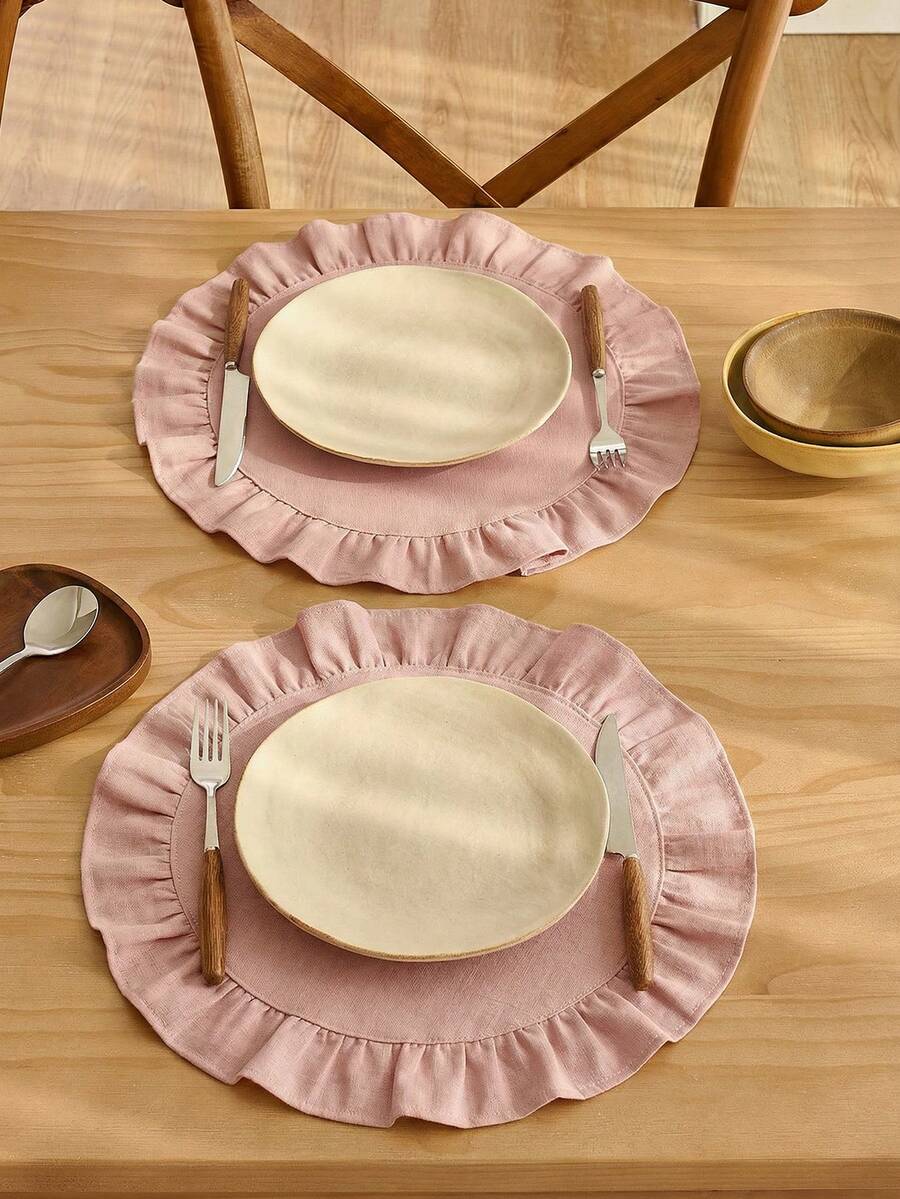 1-Piece   Solid Color Linen Placemat In Plain White With Ruffle Edges, Stain-Resistant , Perfect For Decorating Your Dining Room And Table. Suitable For Family Gatherings, Daily Use, Banquets, Weddings, Holidays, And Parties. - Multicolor - View 1