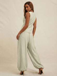 NYA SZN 女士套装（上衣+裤子）上衣背心深V领纽扣修身长裤高腰飘逸褶皱裤适合办公室、商务休闲、日常休闲、早午餐、端庄教堂、秋冬季通勤穿着 - 米色 - 查看 2