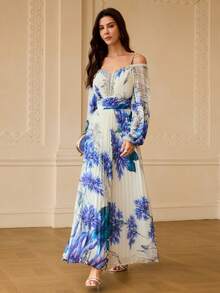 ZEYLAH WOMEN'S FLORAL PRINT COLD SHOULDER LANTERN SLEEVE PLEATED DRESS - Blue and White - View 5