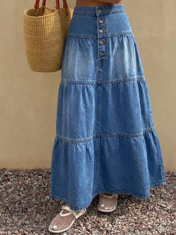 Livesso Spring & Summer Vintage Washed Denim A-Line Skirt, Waist Cinched Bohemian Casual Vacation Beach Elegant Office Wear