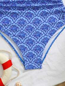SHEIN 2pcs Girls' Tropical Floral Elastic Quick-Dry Comfortable Knit Fabric Tween Girl) One-Piece Swimsuit, Suitable For Beach, Pool, Seaside, Surfing, Vacation, Summer Travel Summer Outfits For Women Swimsuit Blue Print Swimsuit Bathing Suits For Women 1pc Swimsuit Full Coverage Swimsuit Blue Bathing Suit - Blue - View 4