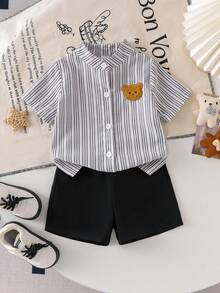 SHEIN Playful Pals 6-36个月男女宝宝两件套，黑白条纹小熊印花短袖上衣+纯色弹力腰短裤，包含上衣和短裤，适合春夏季节，休闲时尚，日常穿着，夏季假期 - 黑色 - 查看 8