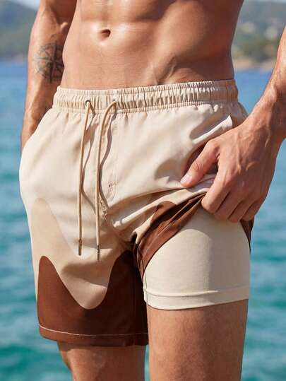 Manfinity Swimmode Men's Faux Two-Piece Pocket Drawstring Waist Beach Shorts, Suitable For Summer