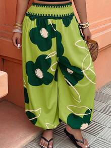 SHEIN LUNE Quần ống loe cạp chun dành cho nữ cỡ lớn, quần dài thoải mái cho kỳ nghỉ, họa tiết hoa thời trang, thích hợp cho mùa hè. - Nhiều màu - Xem 4